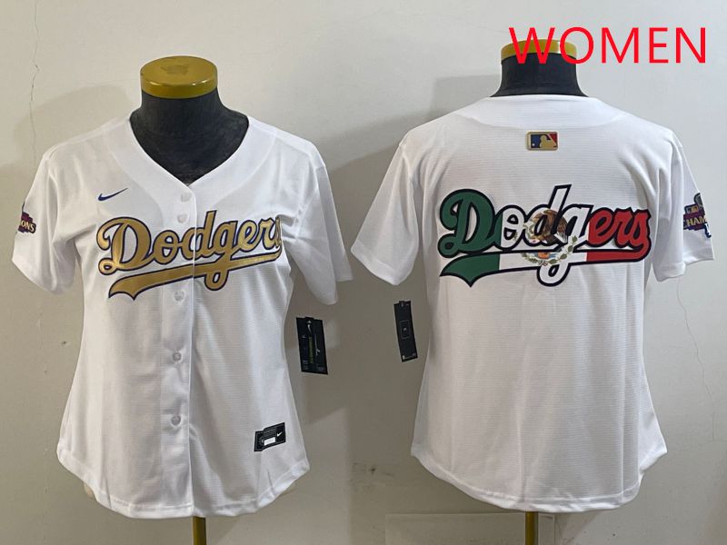 Women Los Angeles Dodgers Blank White Champion gold character 2025 Nike MLB Jersey style 7->women mlb jersey->Women Jersey
